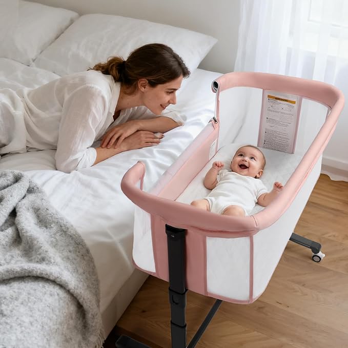 Kinder King Baby Bassinet w/Wheels, Folding Portable Newborn Bedside Sleeper, All-Sided Mesh Infant Crib, Adjustable Height, Removable Soft Mattress, No Tool to Assemble, Pink