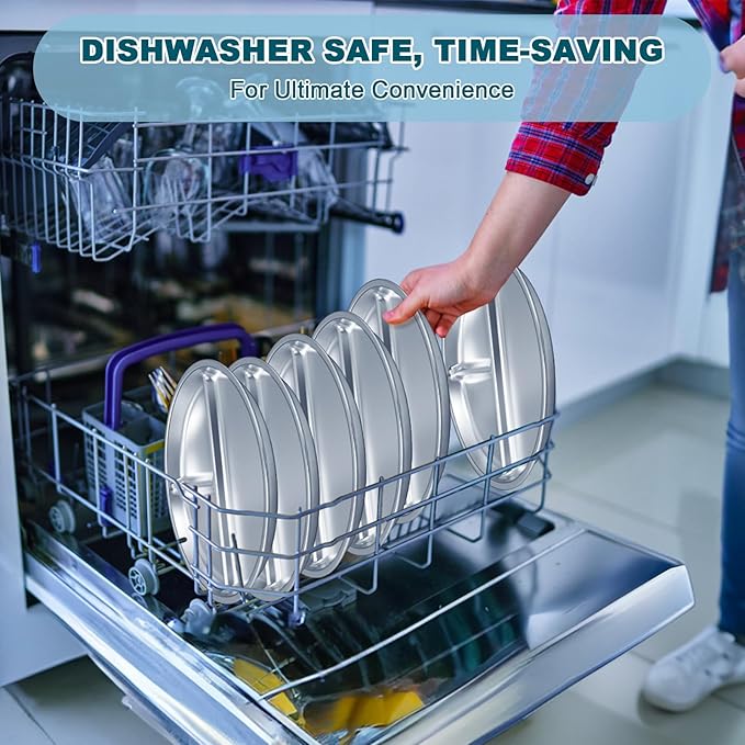 EWFEN Stainless Steel Toddler Plate Set of 6, 9" Portion Control Plates Divided Plate for Adults Kids Balance Lunch, Non Slip | Unbreakable Toddler Baby Feeding Set Dishwasher Safe