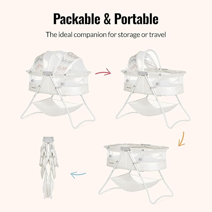 Dream On Me Karley Bassinet in Dove White, Lightweight Portable Baby Bassinet, Quick Fold and Easy to Carry, Adjustable Double Canopy, Indoor and Outdoor Bassinet with Large Storage Basket.