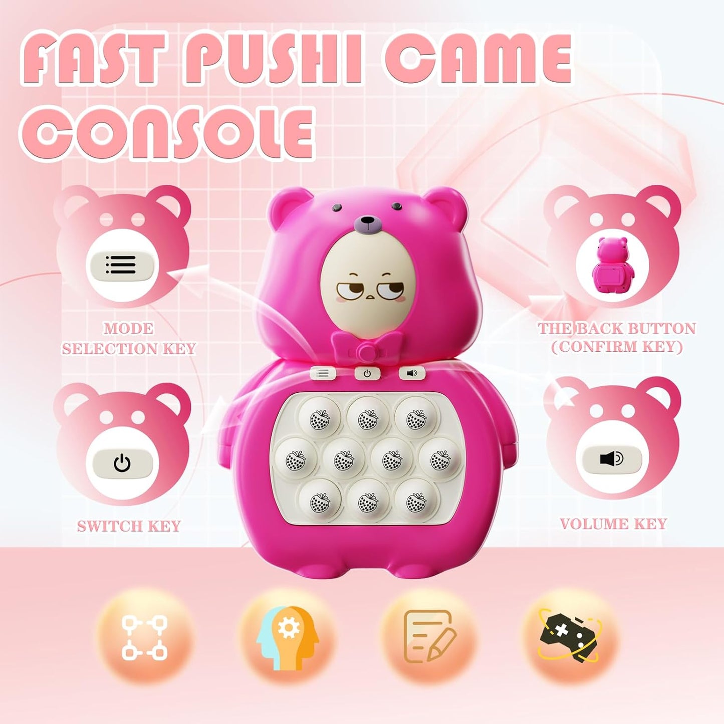Fast Push Game, Light Up Pop Game Console, Handheld Game for Kids Age 6-12, Fast Push Bubble Game, Fidget Toys for Kids, Stress Relief Game for Kids and Adults, Birthday Gift (Pink Bear)