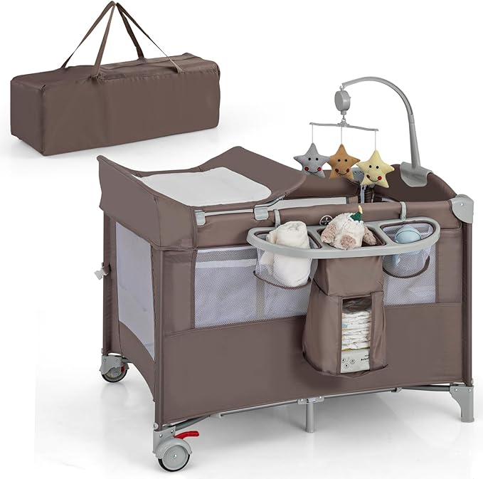 HONEY JOY Pack and Play with Bassinet, 5-in-1 Baby Bedside Sleeper w/Diaper Changing Table & Storage Bag, Toy Arch & Music Box, Detachable Side Rail, Portable Baby Play Yard w/Carry Bag(Coffee)