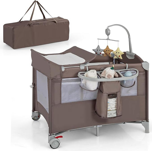 HONEY JOY Pack and Play with Bassinet, 5-in-1 Baby Bedside Sleeper w/Diaper Changing Table & Storage Bag, Toy Arch & Music Box, Detachable Side Rail, Portable Baby Play Yard w/Carry Bag(Coffee)