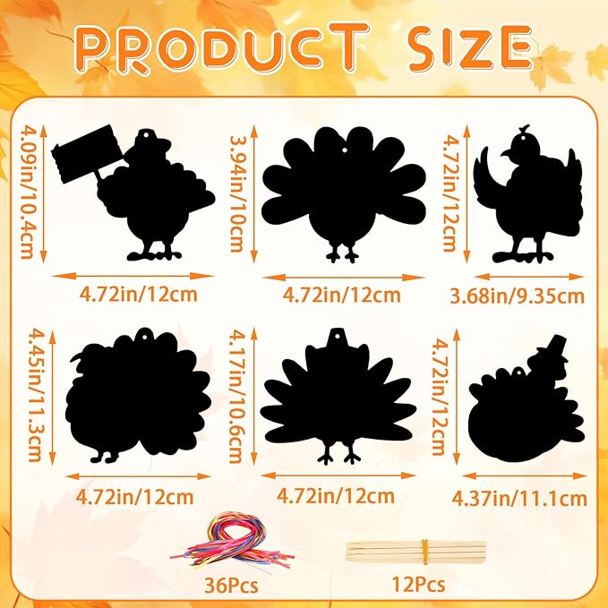 JULMELON 36Pcs Thanksgiving Fall Arts and Crafts, Rainbow Scratch Paper Art Cute Turkey Crafts for School Classroom Activity Autumn Harvest Thanksgiving Party Favors Gifts