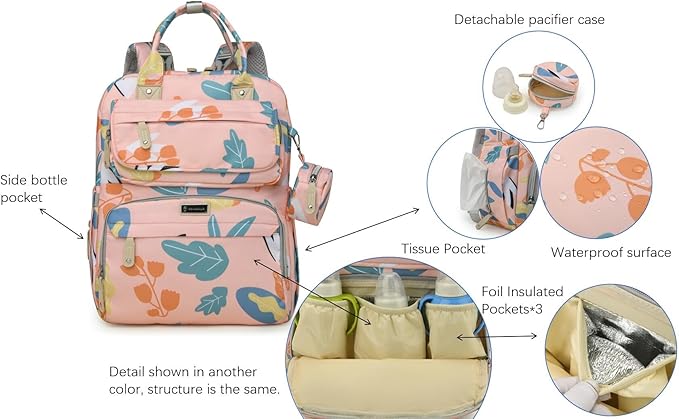 Diaper Bag Backpack for Baby – Large Capacity Waterproof Travel Tote, Multifunction Baby Bag with Changing Pad, Pacifier Holder & Stroller Straps (Blush Pink)