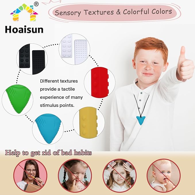 Chew Necklaces for Sensory Kids 6 Pack, Sensory Toys for Kids with Autism, ADHD, SPD, Chewing, Biting, Autism Sensory Products Silicone Chew Toys Necklace for Adults Reduce Anxiety Fidget