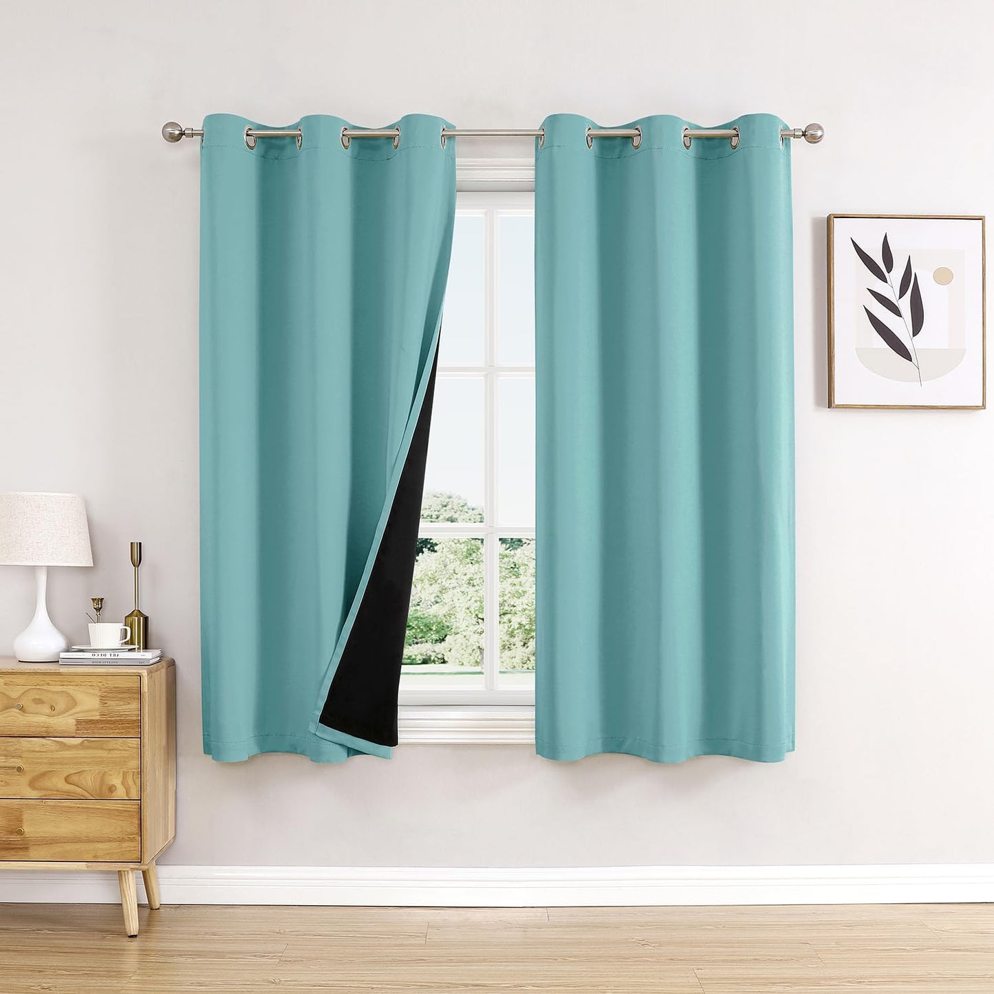ChrisDowa 100% Blackout Curtains 63 inch Long for Bedroom with Black Liner, 2 Thick Layers Total Blackout Thermal Insulated Grommet Window Curtains 2 Panels Set (Aqua, 42 x 63 Inch)