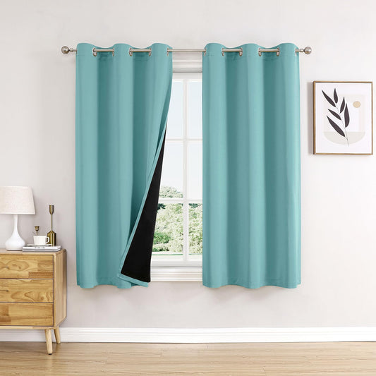 ChrisDowa 100% Blackout Curtains 54 inch Long for Bedroom with Black Liner, 2 Thick Layers Total Blackout Thermal Insulated Grommet Window Curtains 2 Panels Set (Aqua, 42 x 54 Inch)
