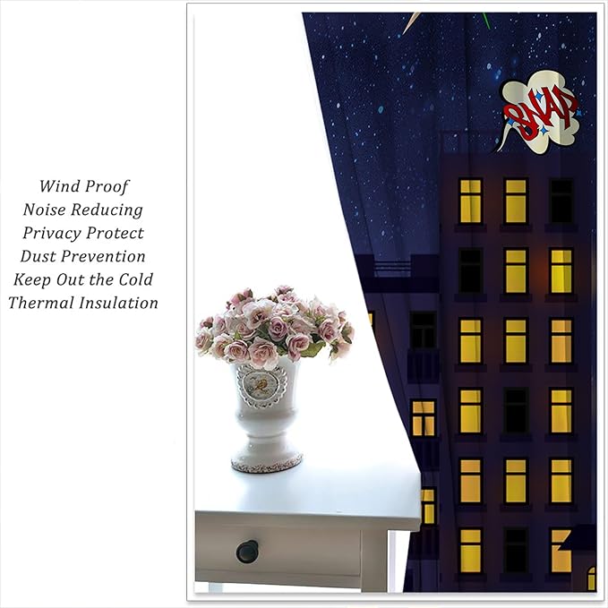 Super Hero Rod Pocket Blackout Curtains for Boy Girl Bedroom, Exploding City Starry Cartoon Skyline Home Energy Efficient Light Filtering Window Curtain for Living Room, 42x63 inch