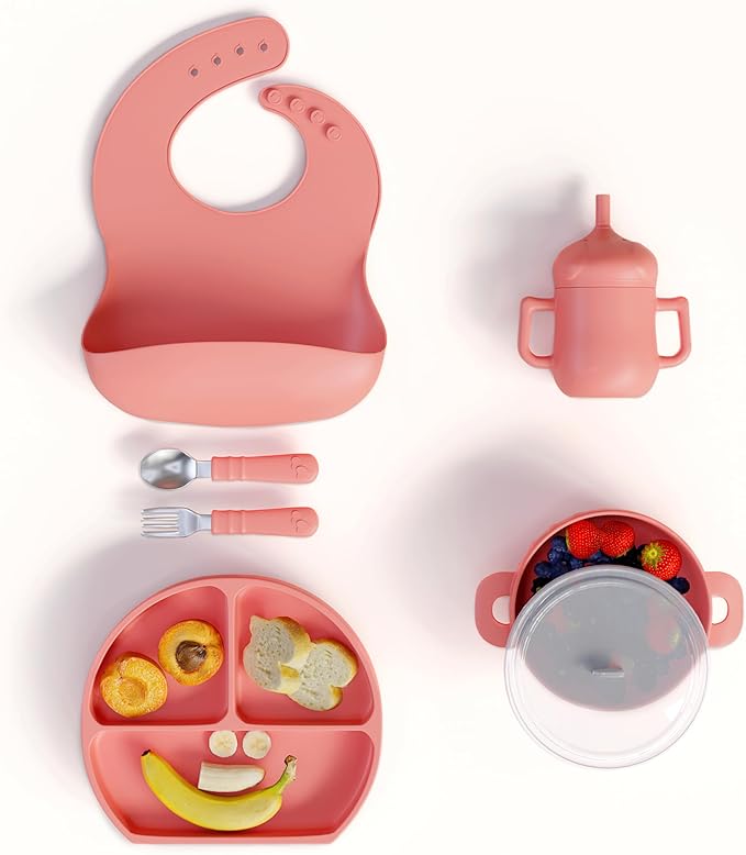 mimi & kiki BPA-Free Silicone Baby Feeding Set, Baby Plates and Bowls Set, Baby Led Weaning Supplies, Silicone Suction Plate, Baby Utensils, Bib and Cup, Self Feeding, Dishwasher Safe (Pink)