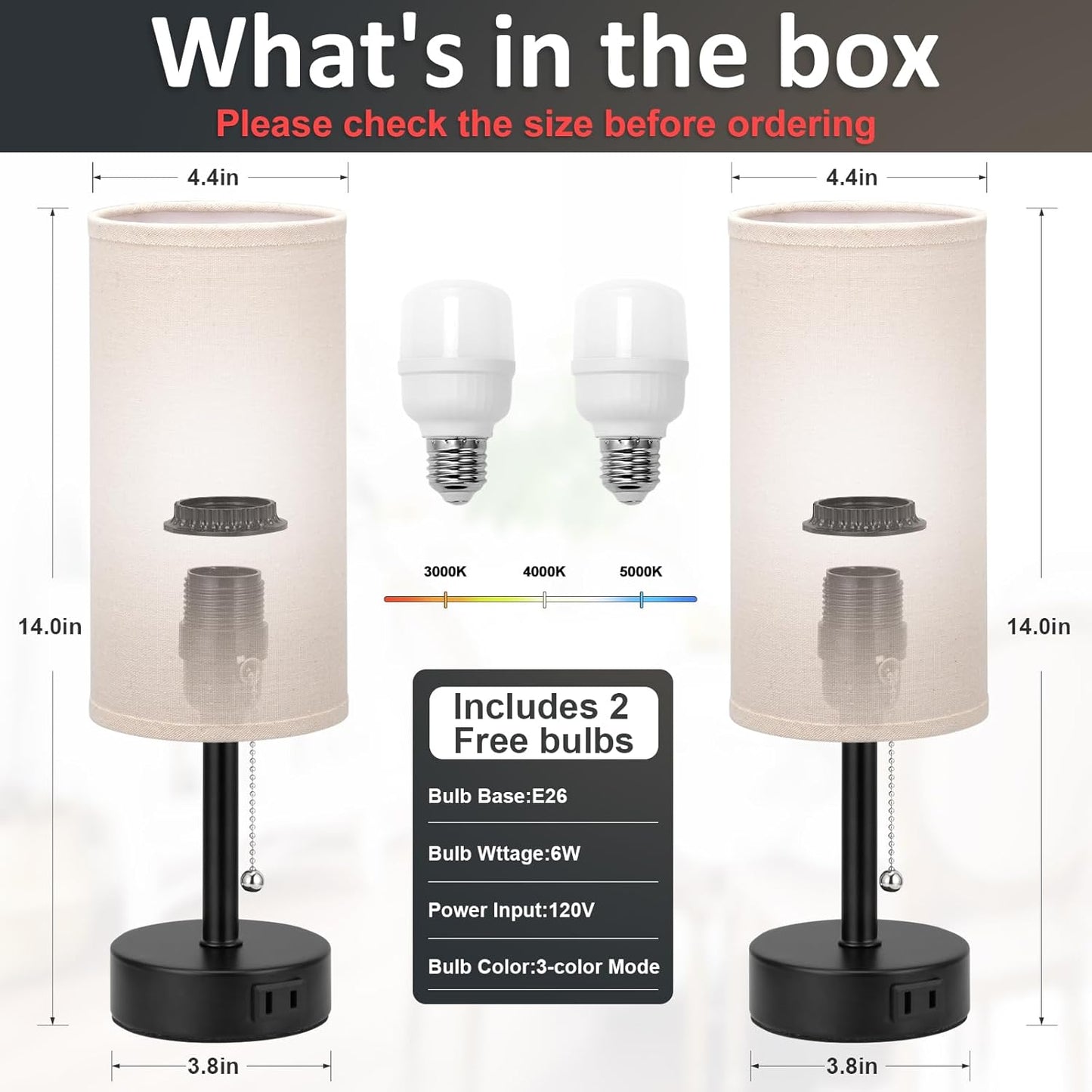 Bedside Table Lamps Set of 2-3 Color Temperatures Pull Chain Lamp with AC Outlet Charging Port, Round Night Stand Lamps for Bedroom Guest Room Office, Small Bed Side Light with E26 LED Bulbs