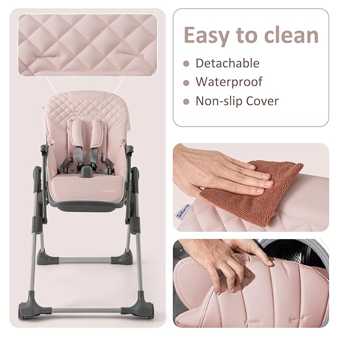 INFANS Baby High Chair, Convertible Quick Folding Portable Highchair for Babies and Toddlers with Adjustable Height Backrest Footrest 2 Wheels Removable Tray, Easy to Clean PU Seat (Pink)