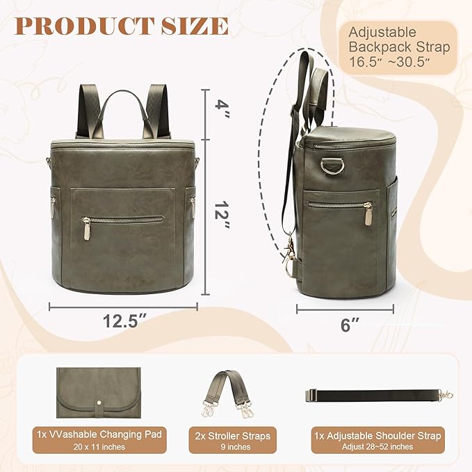 miss fong Diaper Bag Backpack Baby Diaper Bag, Large Leather Diaper Backpack with 16 Pockets Travel Diaper Bag with Diaper Changing Pad, Stroller Straps & 2 Insulated Pockets (Convertible, Forest)