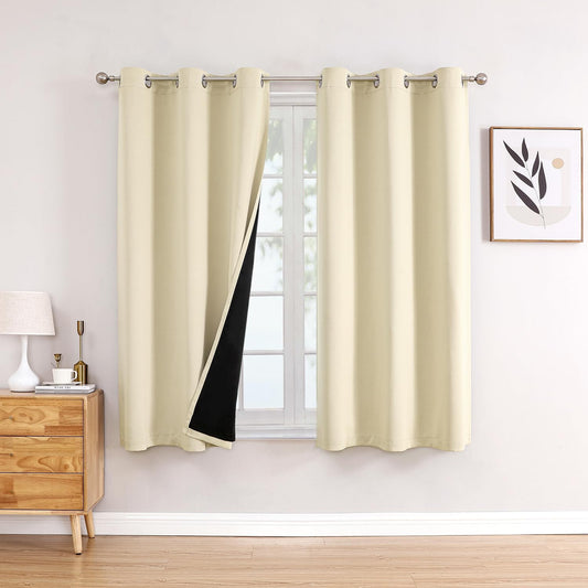 ChrisDowa 100% Blackout Curtains 63 inch Long for Bedroom with Black Liner, 2 Thick Layers Total Blackout Thermal Insulated Grommet Window Curtains 2 Panels Set (Light Beige, 42 x 63 Inch)