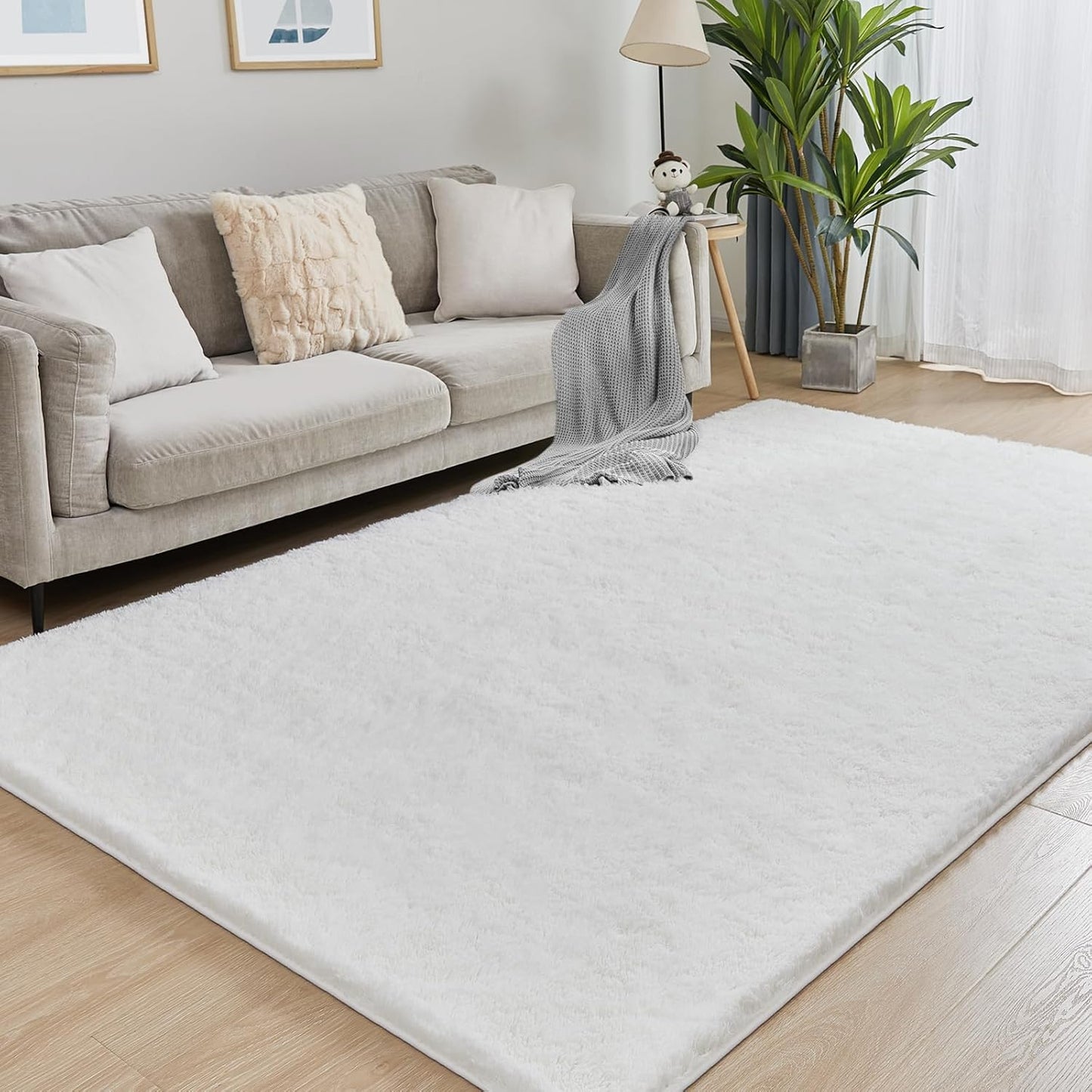 8x10 White Area Rug, Fluffy Plush Rugs for Bedroom, Non Slip Shag Indoor Carpet for Living Room, Nursery, Front Room, Room Decor