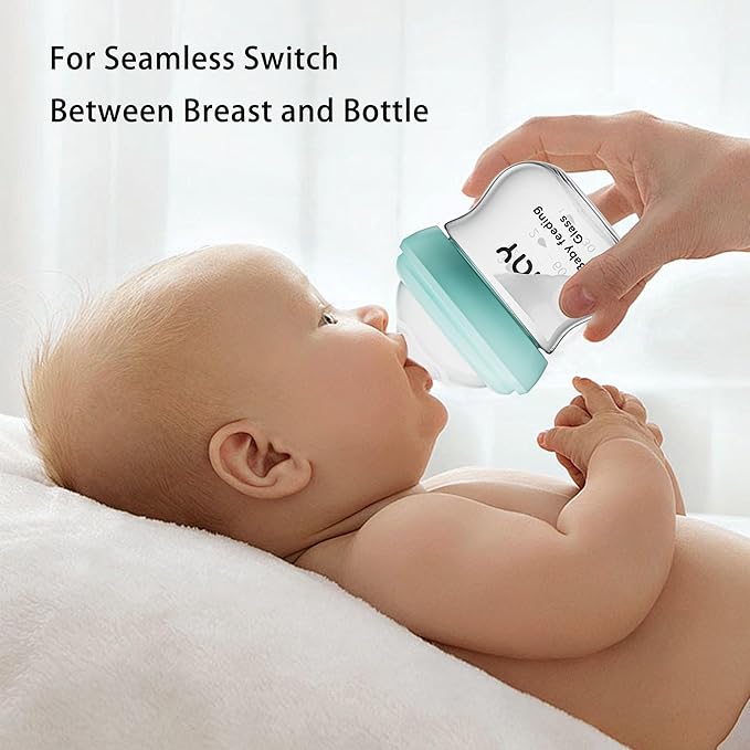 Natural Glass Baby Bottle for Breastfeeding Babies, 3oz Newborn Anti-Colic Baby Bottle with Slow Flow Nipples (SS), Clear, Wide Neck, 2 Pack, 0 Months+