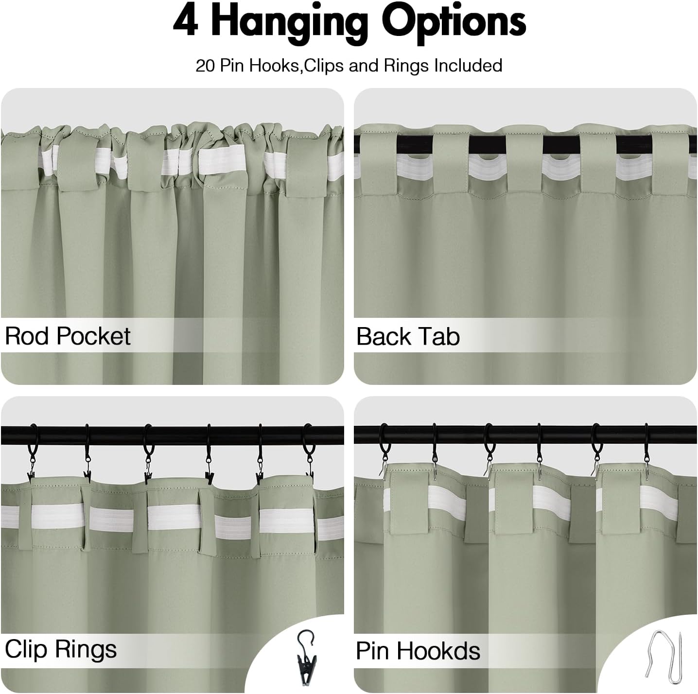 ANRODUO Extra Long 102 Inch Blackout Curtains Sage Green Room Darkening Light Blocking Curtains 2 Panels Set Thermal Insulated Blackout Drapes with Hooks, Rings, Clips