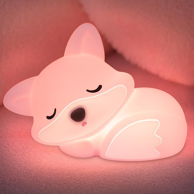 Pink Fox Night Light Toy Gifts for Girls, Cute Fox Squishy Lamp for Daughter Gifts, Dimmable Rechargeable Silicone Animal Night Light, Sweet Birthday Xmas Gift for Girls Room Pink Decor
