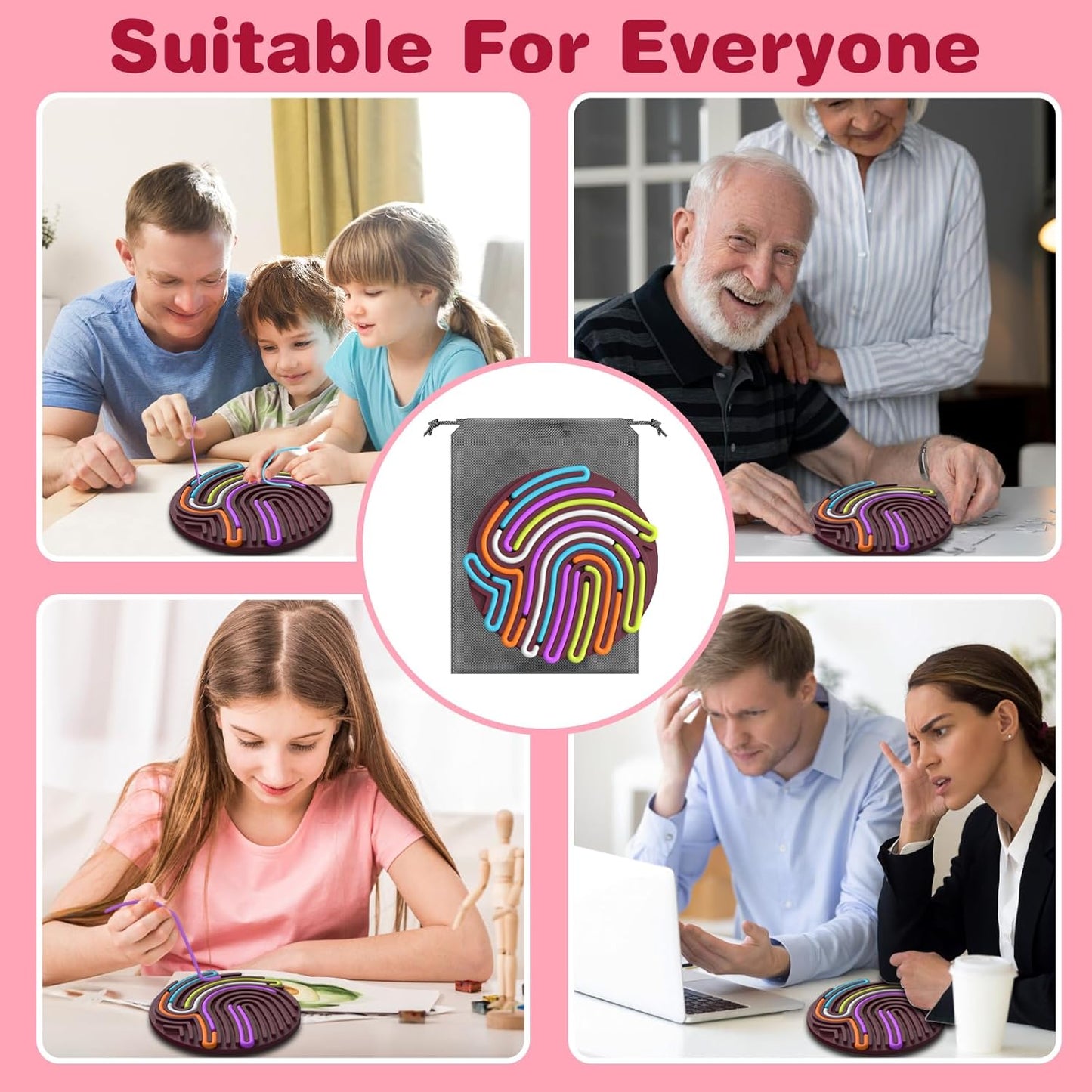 Sensory Activity Board Silicone Fidget Toys with Travel Bag and 13 Strings for Adults Kids Anxiety Relief Stress, ADHD & Autism (Purple, 6.6in)