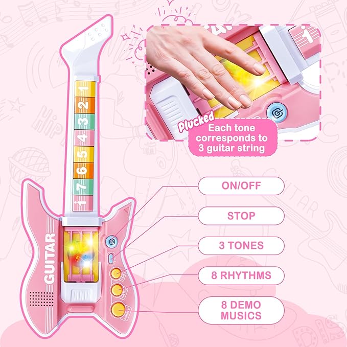 deAO Kids Guitar and Microphone Set with Stand Adjustable Height Music Light Karaoke Music Toys Christmas Birthday Gift for Kids Boys Girls (Pink)