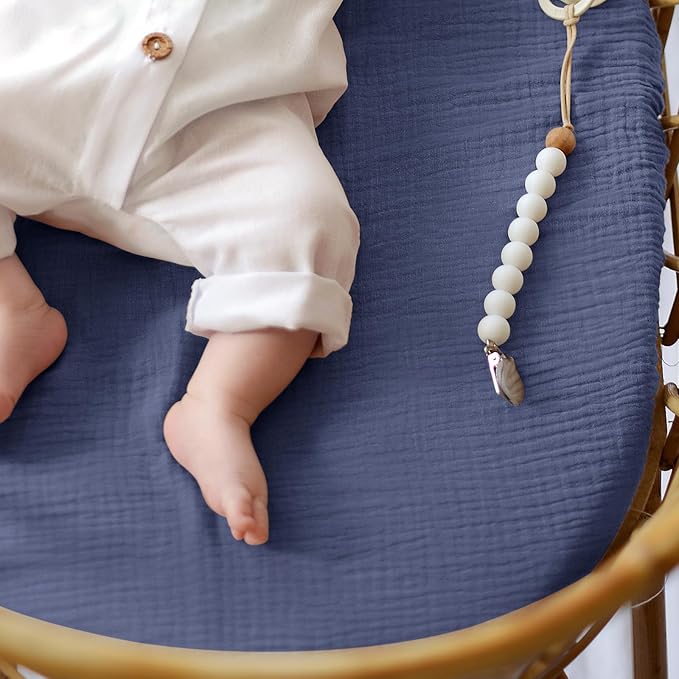 lulumoon Baby Muslin Bassinet Sheets: Cotton Bassinet Sheets Neutral for Boys and Girls - Fitted for Oval Rectangle or Hourglass (Navy & Cream, Standard Bassinet)