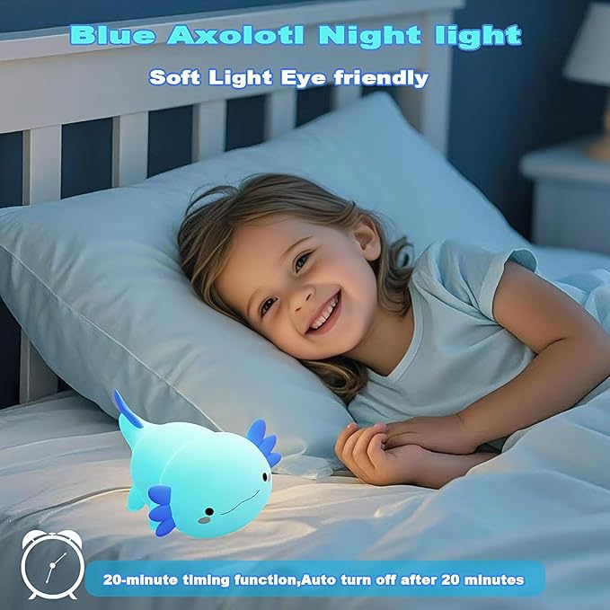 HAPPYBAG Axolotl Night Light,Cute Axolotl lamp Gifts for Kids,Dimmable Silicone Animal Nursery Night Light,Kawaii Rechargeable Bedside Touch Lamp,Baby Room Decor Axolotl Light
