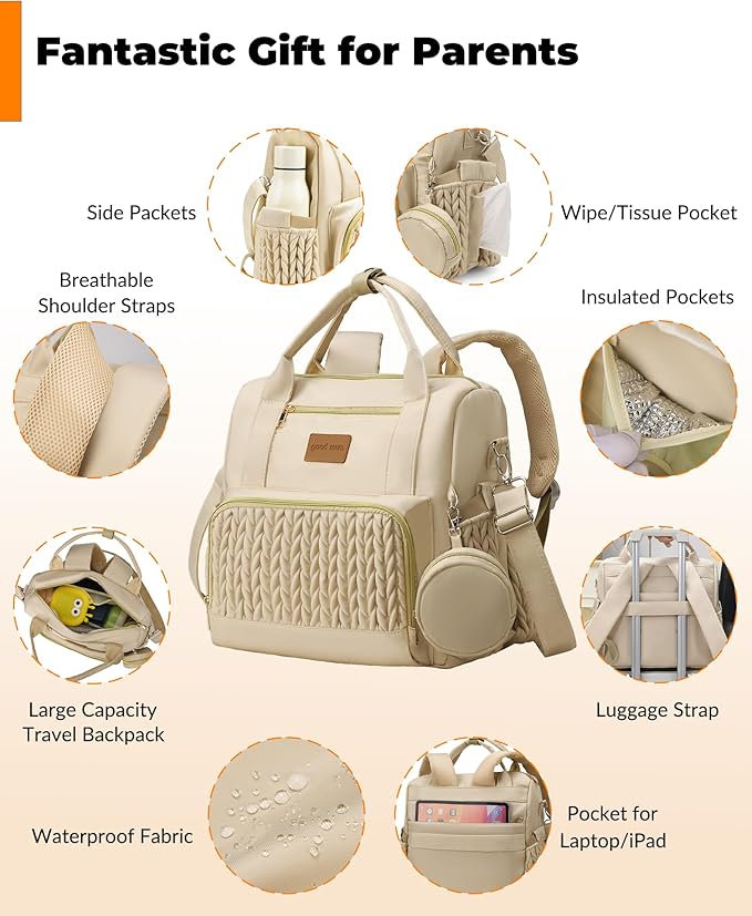 Backpack Diaper Bag,Stylish Waterproof Baby Diaper Bags with Changing Pad,Insulated Pockets,Multi-Function Travel Diaper Backpacks, Baby Registry Search,Khakii