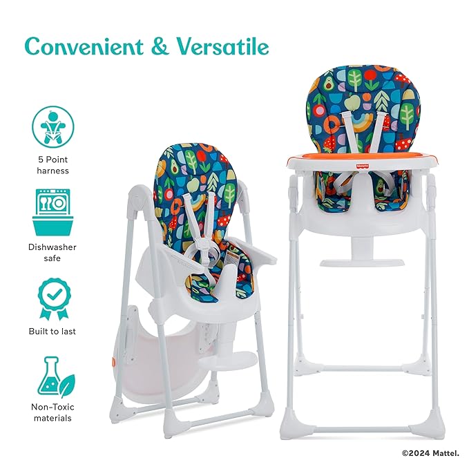Fisher Price Tiny Bites Baby & Toddler Highchair – Rainbow Sherbert, One-Click Folding, 7 Adjustable Height Levels, 2 Recline Positions, Removable Dishwasher-Safe Tray, Lightweight, Space-Saving