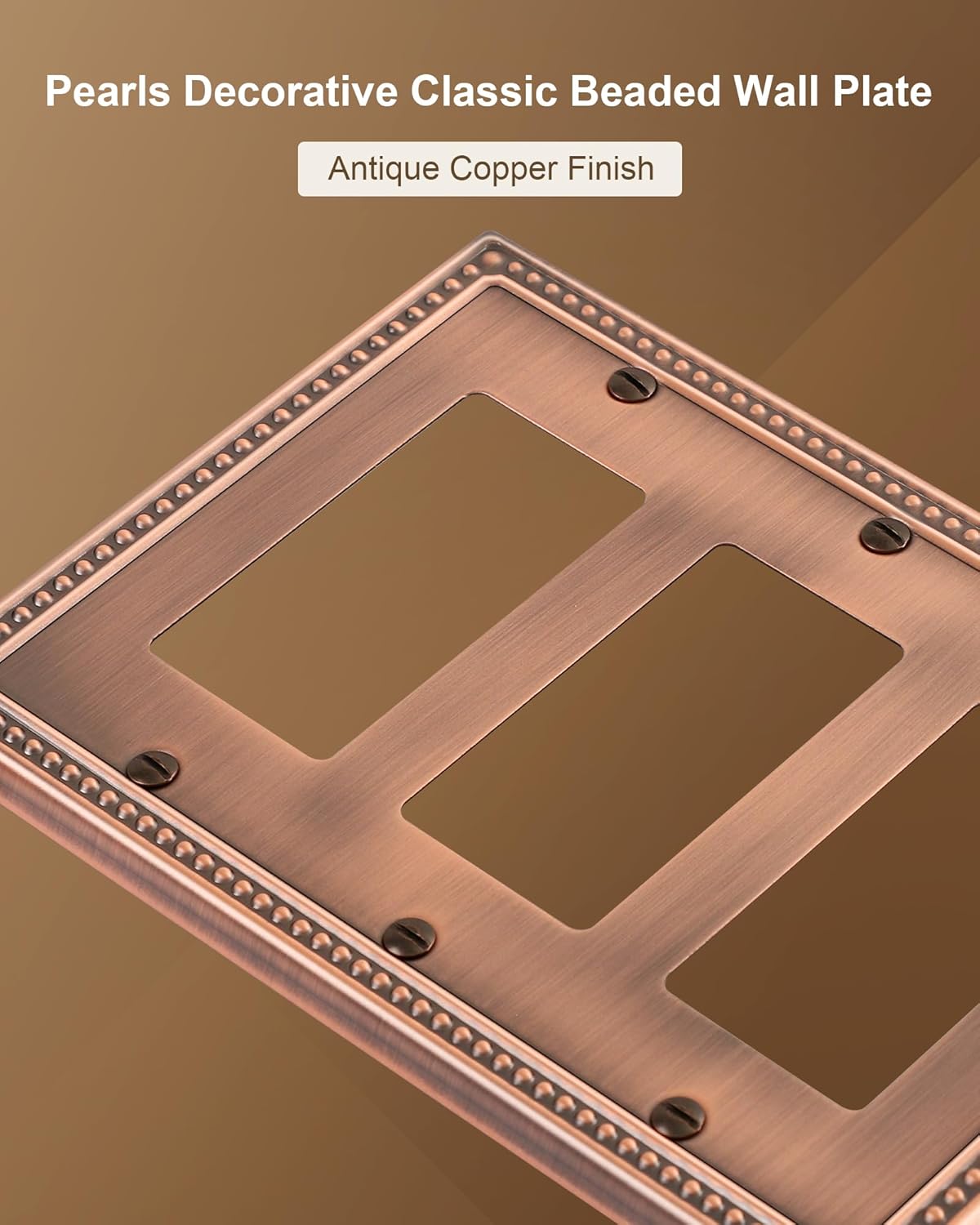 2-Pack Triple Decorator Outlet Cover Plate, Antique Copper Pearls Decorative Switch Plates and Outlet Covers, Metal Wall Plates for Electrical Outlets, Receptacle, GFCI Outlet, Dimmer Switch