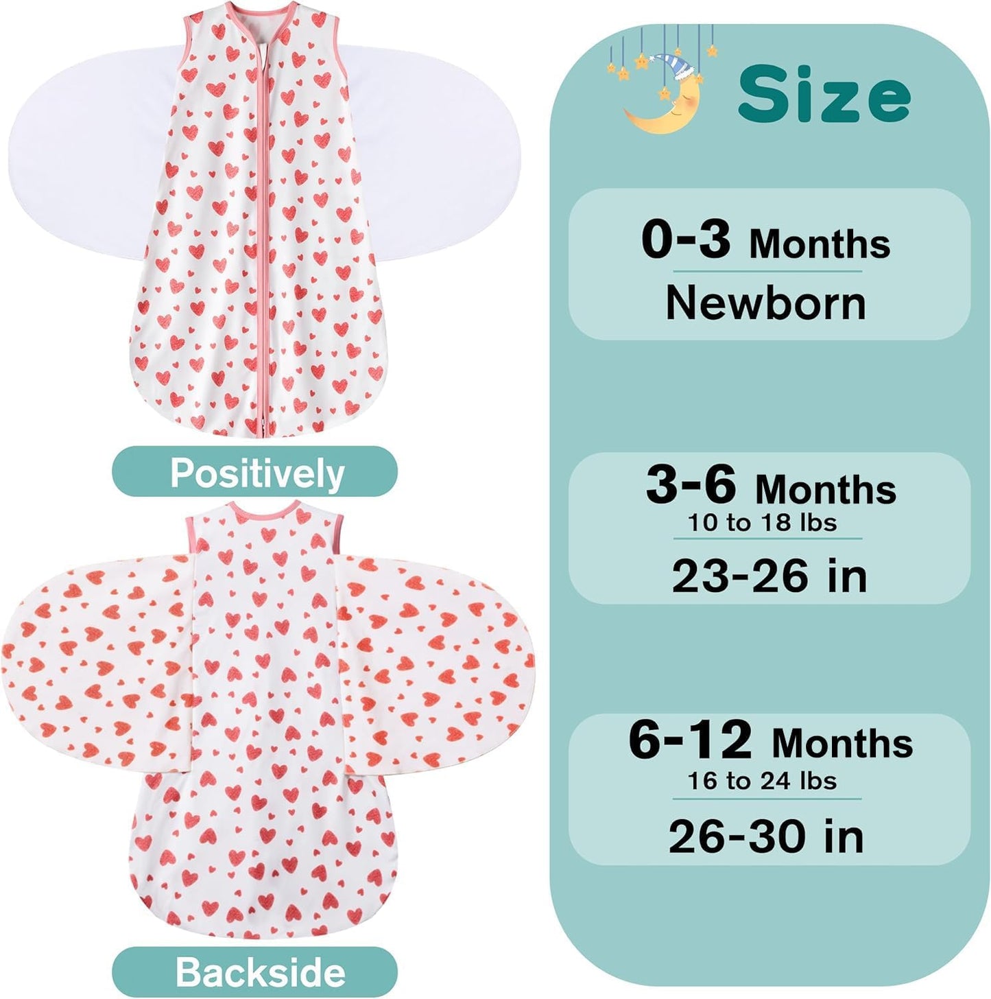 Newborn Sleep Sack Baby Swaddle,Swaddle me 6-12 Month,3-Way Adjustable Wearable Blanket,100% Rayon Cotton Swaddling Sleeping Bag，TOG 0.5 (Love, 6-12 Months)
