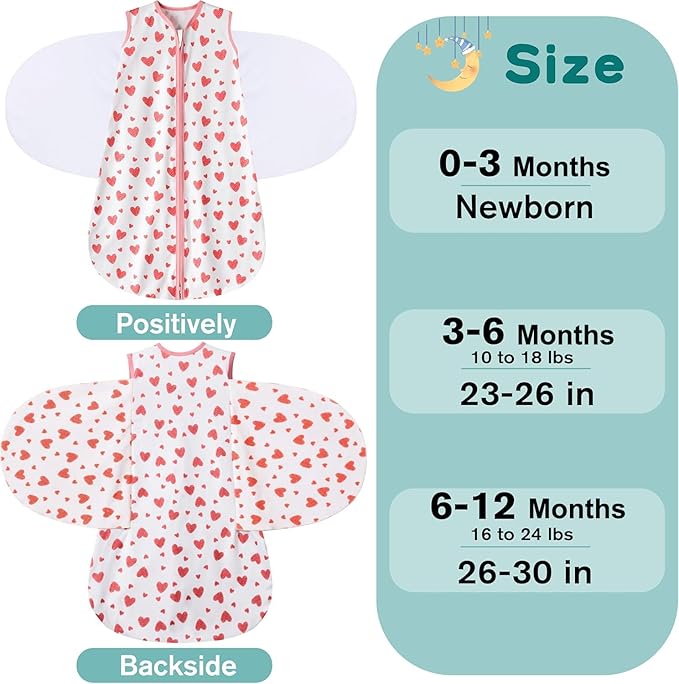 Newborn Sleep Sack Baby Swaddle,Swaddle me 6-12 Month,3-Way Adjustable Wearable Blanket,100% Rayon Cotton Swaddling Sleeping Bag，TOG 0.5 (Love, 6-12 Months)