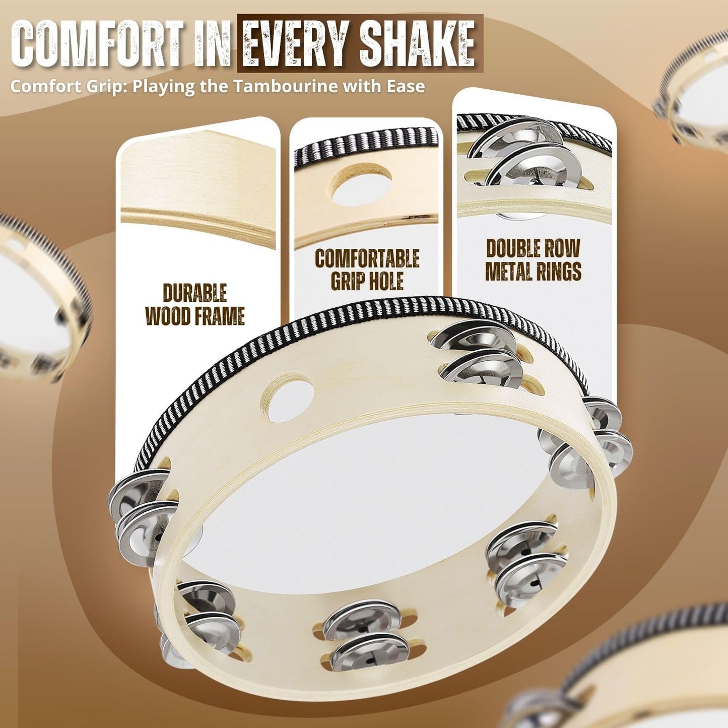 Flexzion Wood Handheld Tambourine for Adults 8-Inch Double Row 8-Pair Jingles (Wood) - Percussion Round Tamborines Musical Instrument with Metal Zills