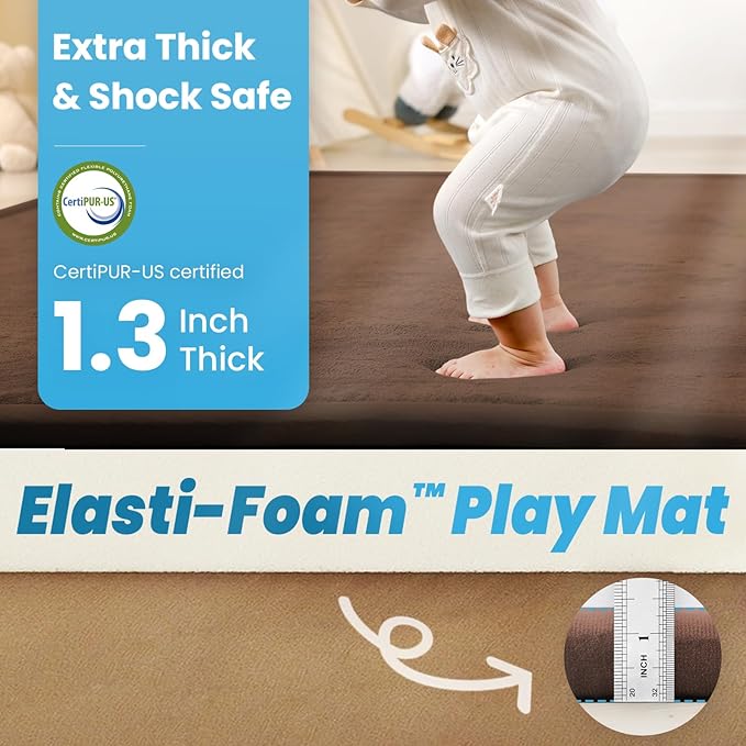 1.3" Thick Baby Play Mat for Floor, 39x59 Foam Tummy Time Mat, Padded Support Soft Plush Nursery Rug for Infant Kids Toddler Crawling Kick Activity (Chocolate Brown)