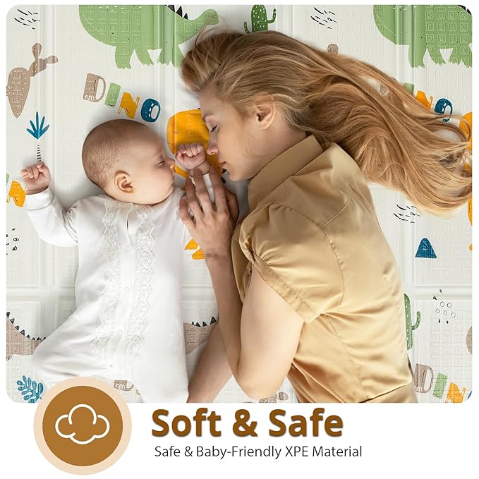 Foldable Baby Play Mat, PIGLOG 0.6in Thick Waterproof Playmats for Babies and Toddlers Kids, Safe Foam Playmat for Tummy Time, 50x50 Playpen Mat, Reversible Portable Floor Mat for Infant, Dinosaur