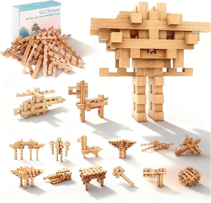 15 in 1 Educational Wooden Building Blocks - Mortise and Tenon Assembled into 15+ Various Shapes, STEM Toys Gift for Kids and Classroom, DIY Building Toys for Ages 5+ Teens Adults - 42 Pcs
