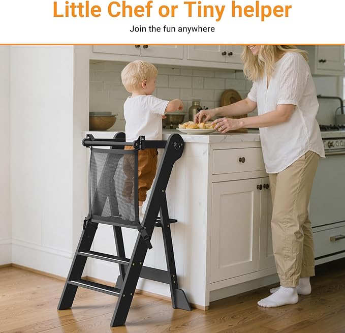 COSYLAND Foldable Toddler Kitchen Stool Helper - Height Adjustable Standing Tower for Bathroom Sink or Kitchen Counter - Step Stool for Toddlers Ages 18 Months to 6 Years Black