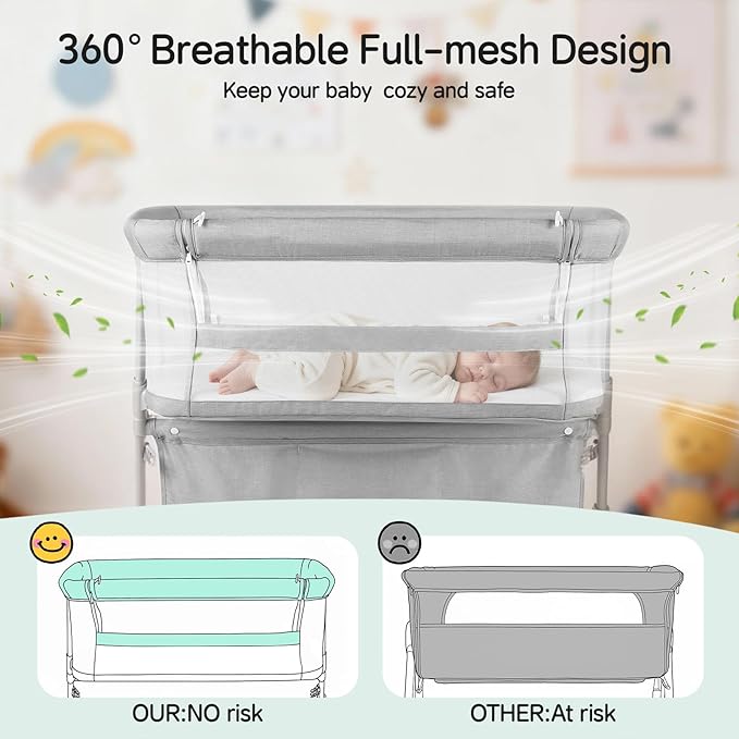 Cowiewie Bassinet Bedside Sleeper,Baby Bassinets Higher Place on Bed,5-Position Adjustment Baby Crib,Breathable 360°All-Around Mesh Sides Bedside Bassinet,Space-Saving Bedside Cribs, (Light Grey)