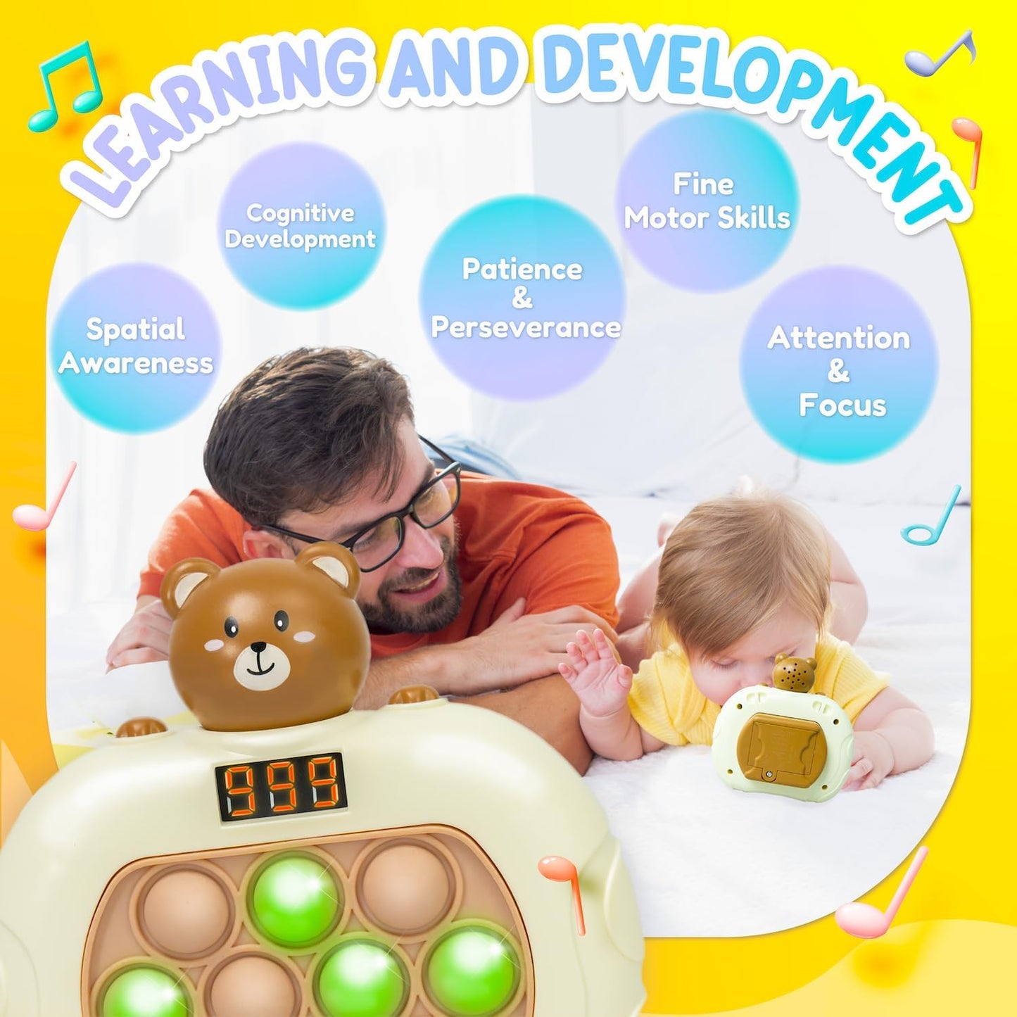 Marlo & Buzz Fast Push Game Toy with Popit Game Controller, Pop Fidget Animal with LED Screen - Sensory and Memory Console, Quick Bubble Light Toy, Pocket Games (Bear)