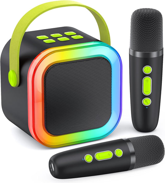 Karaoke Machine for Kids Adults, Portable Bluetooth Mini Karaoke Microphone Singing Speaker Karaoke Player with 2 Wireless Mic, for All Smartphones,Birthday, Family,Home Party (Black Green)