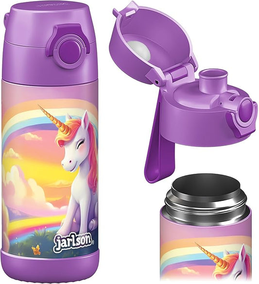 Jarlson® Mali Children's Water Bottle, Thermal Stainless Steel Water Bottle, BPA-Free, Leak-Proof, Children's Bottle with Chug Lid, Bottle for School, Nursery (Unicorn Purple, 12 oz)