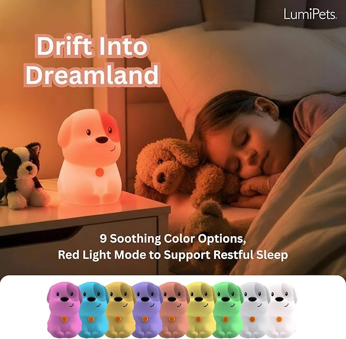 Lumipets Pepper The Puppy Dog Squishy Silicone Night Light for Kids | Cute Night Light with Remote & Touch Control for Baby & Toddler Bedrooms | Color Changing Animal Lamp | Soft Portable Nightlight