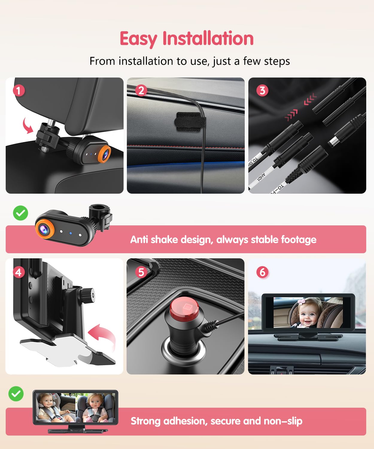 BM5PRO 7.2" 1080P HD Baby Car Camera for 2 Kids, Split Screen with IR Night Vision, Easy to Install & Adjust Brightness, Dual Car Camera Baby Monitor for Rear Seat Safety