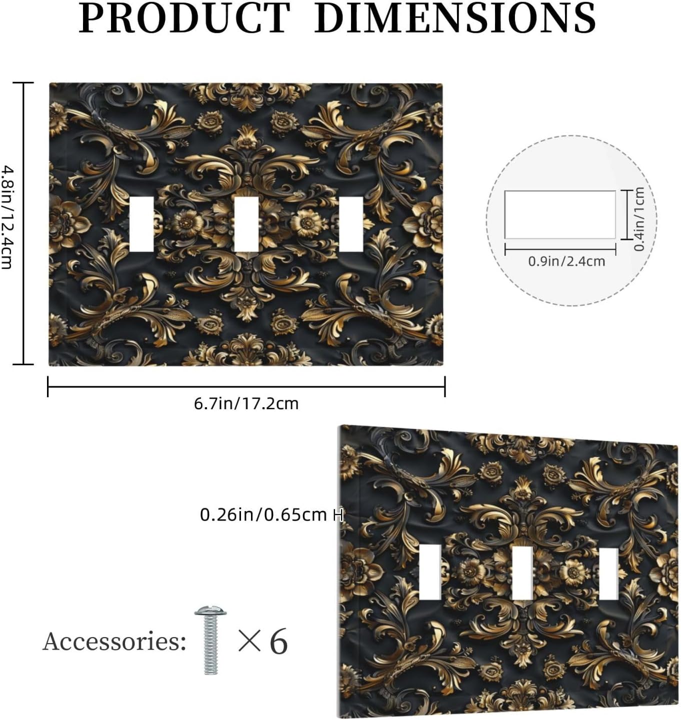 Decorative Switch Covers Plate Rococo Vintage Black Golden Leaf Morris Vine 3 Gang Artistic Wall Plate Unique Triple Toggle Light Switch Plate Jumbo Faceplate for Bedroom Home Decor