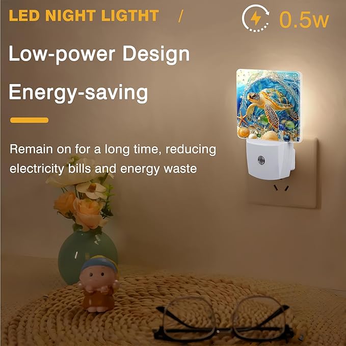 Sea Turtle Night Light, Seashell Ocean Plug-in Nightlight with Dusk to Dawn Auto Sensor for Home Bedroom Hallway Kitchen 0.5W Sleep Friendly Led Lamp for Women Men