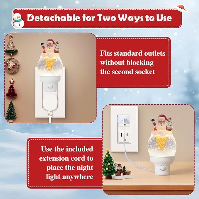 Christmas Santa Night Light Plug into Wall Glitter Water Nightlight with USB/Outlet Options, Christmas Decorative Nightlight for Bedroom Kitchen Nursery Holiday Decorations Gifts (Santa Ice Cream)