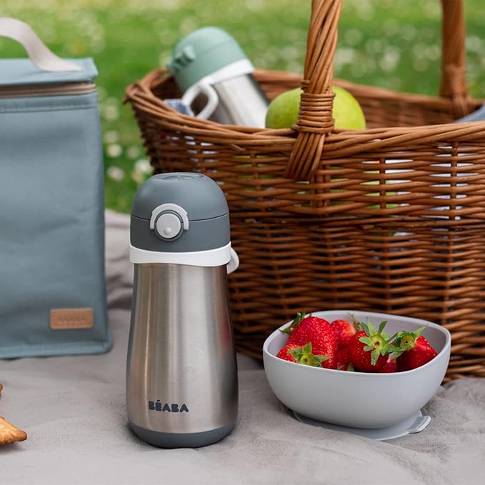 BEABA Kids Stainless Steel Insulated Water Bottle, Kids Water Bottle, Toddler Thermos with Spill Proof Spout and Close Top, Perfect for Travel, (Charcoal)