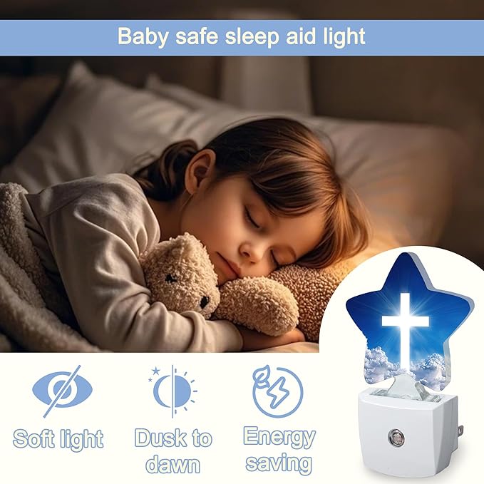 Cross Heaven Night Light,White Cross Sunset Plug-in Star Night Lights with Dusk-to-Dawn Sensor for Bedroom,Bathroom,Living Room Sleep Friendly Lamp for Women Girls Boys Gift,0.5W