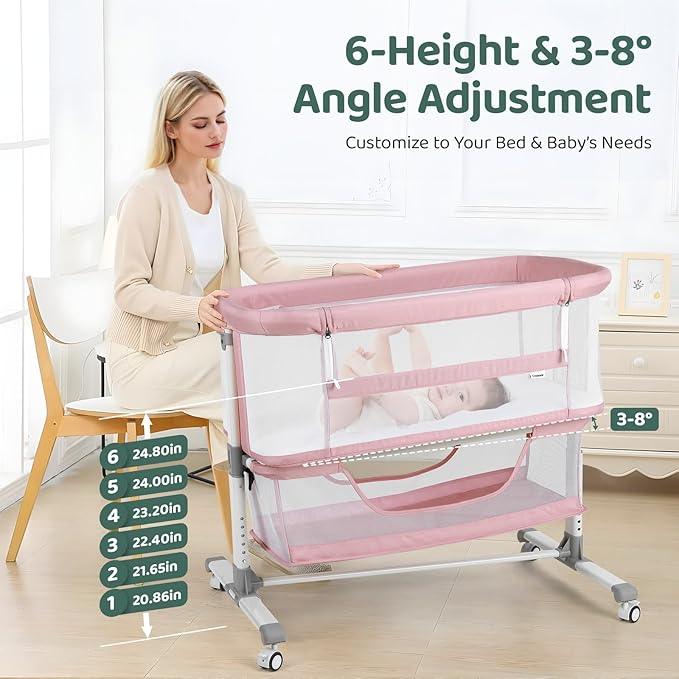 Cowiewie Bassinet Bedside Sleeper, Portable, Breathable, Adjustable Baby Bedside Bassinet for Peaceful Nights, Pink