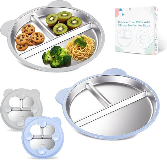 Stainless Steel Kids Plate with Suction Set of 2, 9″ Toddler Divided Plates with Removable Non Slip Silicone Sleeves, Stackable Non-Toxic Baby Self Feeding Dishes, Baby Blue & Light Gray