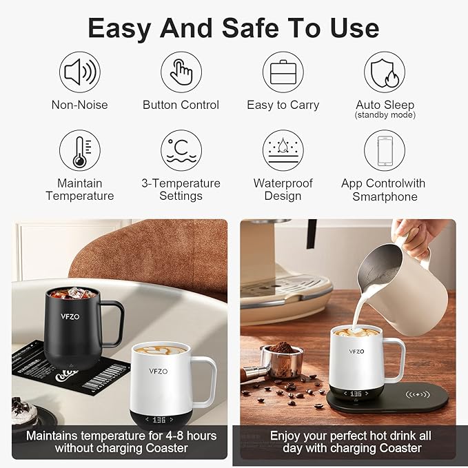 Temperature Control Smart Mug, Self Heating Coffee Mug LED Display, 180 Min Battery Life - Hot up to 149℉ Fast Wireless Charger Base Improved Design coffee serving sets mug(12oz, Ivory)