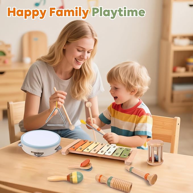 Baby Musical Instruments Set, Montessori Wooden Toys for Toddlers 3+, Neutral Colors Percussion Instruments with Xylophone, Maracas & Tambourine for Kids Preschool Educational and Birthday Gifts
